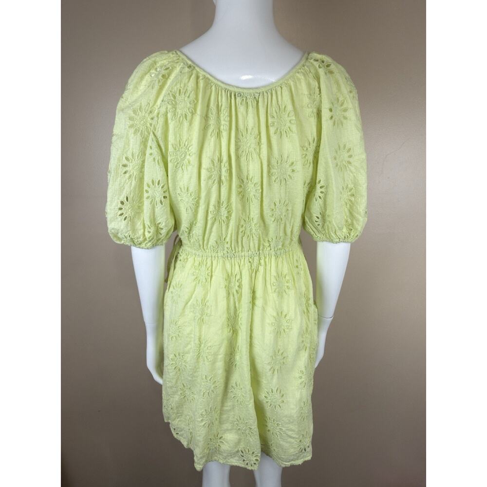 Zara Women’s XS Lime Green Eyelet Mini Wrap Dress Puff Sleeve Lined Cotton - Picture 7 of 13